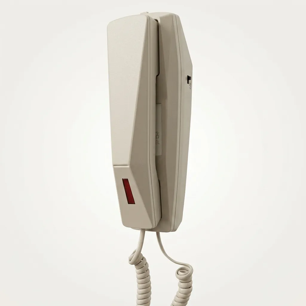 Hotel Desk Telephone [1049] — TEL-1049 — A hotel desk telephone with an ergonomic design, soft ring tone and a dedicated SOS emergency call key. Adjustable flash time and ringer control, auto-redial, flash and transfer and mute round out the features, with protection against EMI, moisture and lightning. Desk or wall mountable, finished in beige. (image 4)