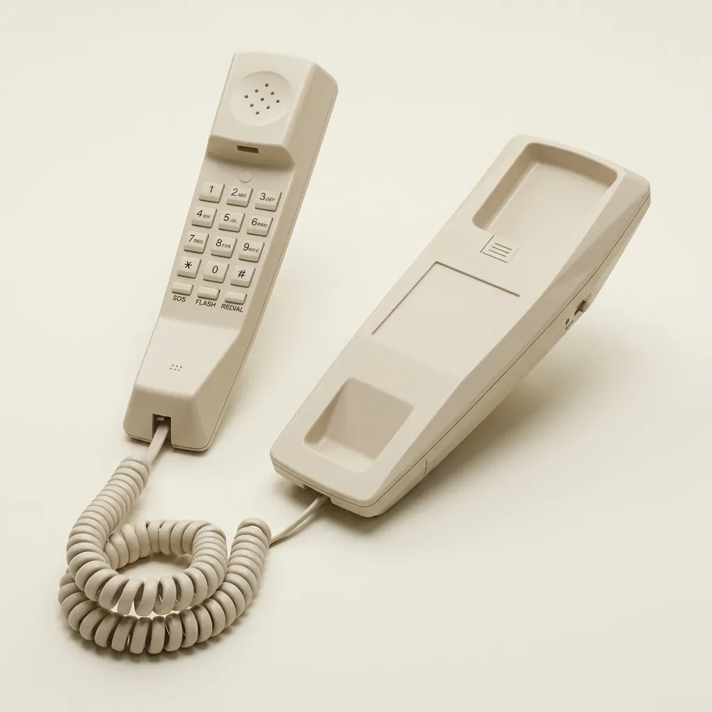 Hotel Desk Telephone [1049] — TEL-1049 — A hotel desk telephone with an ergonomic design, soft ring tone and a dedicated SOS emergency call key. Adjustable flash time and ringer control, auto-redial, flash and transfer and mute round out the features, with protection against EMI, moisture and lightning. Desk or wall mountable, finished in beige. (image 6)