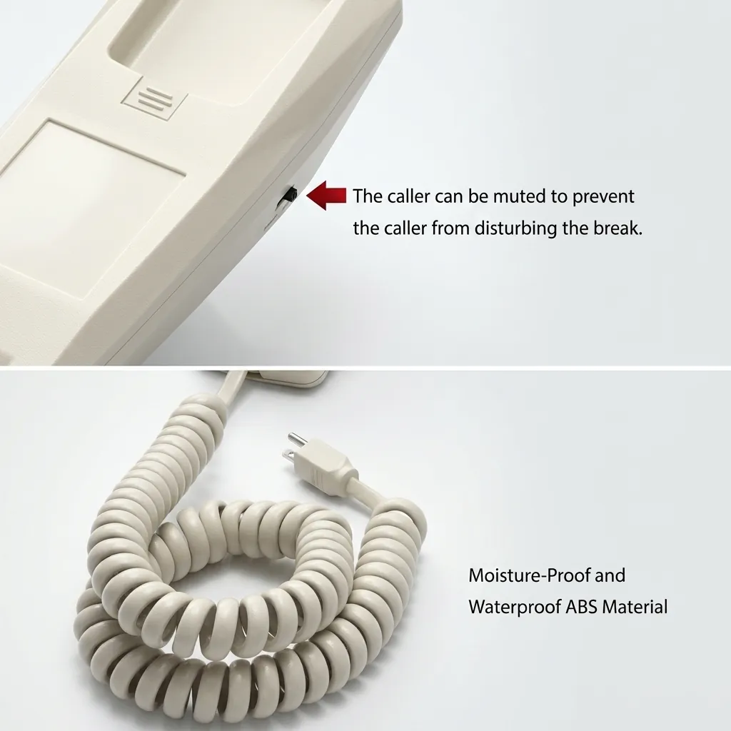 Hotel Desk Telephone [1049] — TEL-1049 — A hotel desk telephone with an ergonomic design, soft ring tone and a dedicated SOS emergency call key. Adjustable flash time and ringer control, auto-redial, flash and transfer and mute round out the features, with protection against EMI, moisture and lightning. Desk or wall mountable, finished in beige. (image 7)