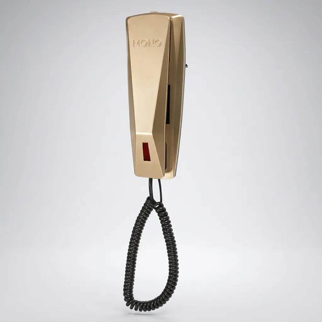 Telephone For Hotel Room - Uv Oil [1050] — TEL-1050 — A hotel room telephone with an ergonomic design and a high-gloss UV-coated gold shell that resists fading. A soft ring tone, ring-indicator light, SOS emergency key, auto-redial and mute make it practical, with protection against EMI, moisture and lightning. Desk or wall mountable, finished in gold. (image 1)