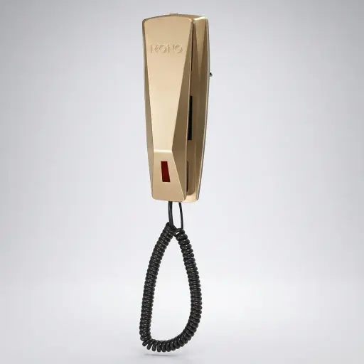 Telephone For Hotel Room - Uv Oil [1050] — TEL-1050 — A hotel room telephone with an ergonomic design and a high-gloss UV-coated gold shell that resists fading. A soft ring tone, ring-indicator light, SOS emergency key, auto-redial and mute make it practical, with protection against EMI, moisture and lightning. Desk or wall mountable, finished in gold.