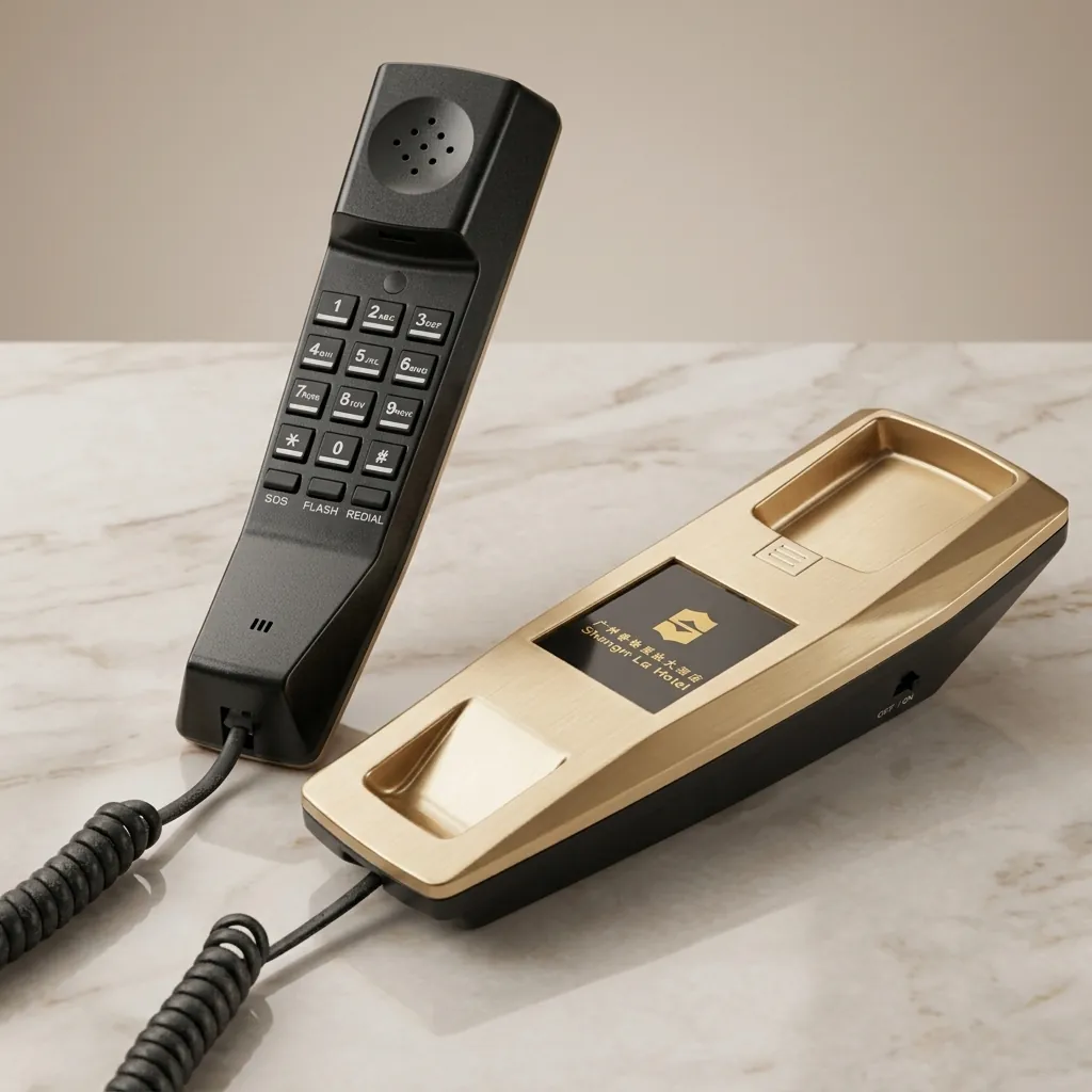 Telephone For Hotel Room - Uv Oil [1050] — TEL-1050 — A hotel room telephone with an ergonomic design and a high-gloss UV-coated gold shell that resists fading. A soft ring tone, ring-indicator light, SOS emergency key, auto-redial and mute make it practical, with protection against EMI, moisture and lightning. Desk or wall mountable, finished in gold. (image 2)