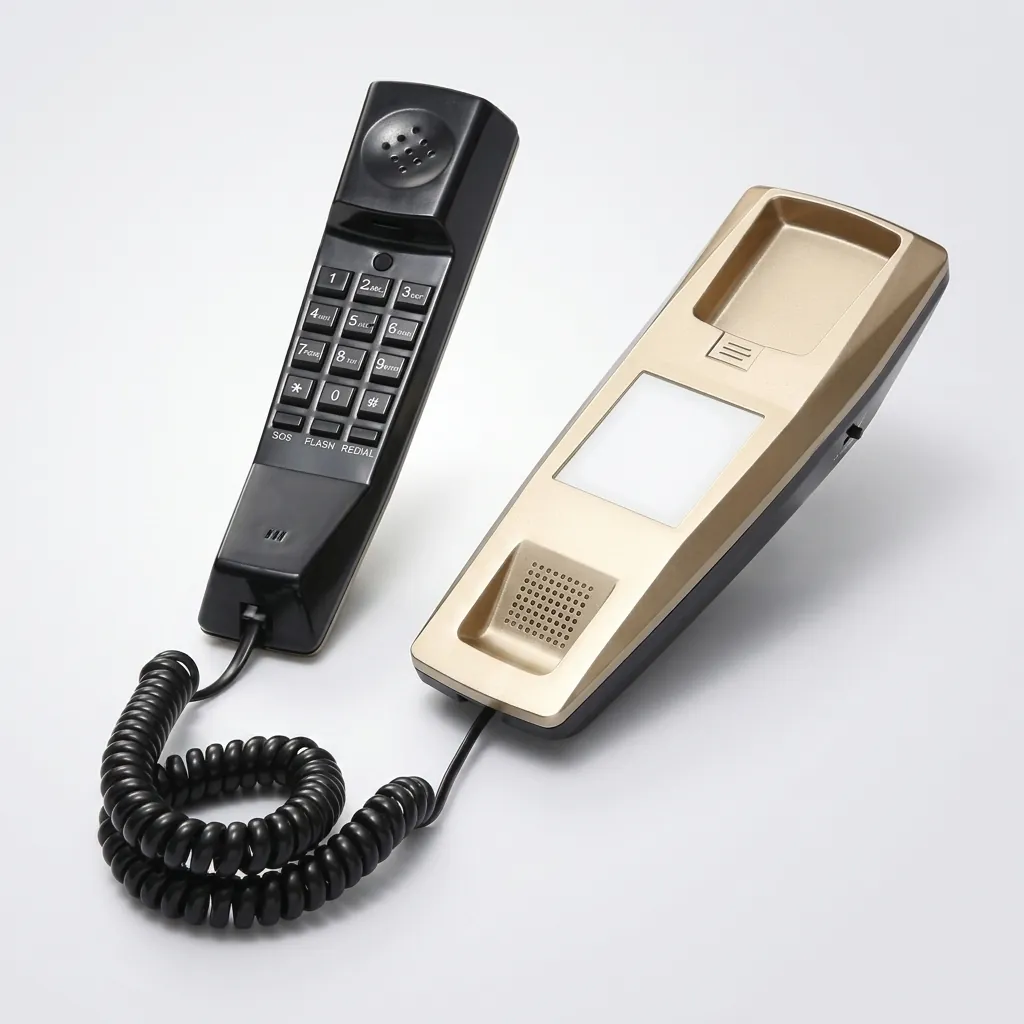 Telephone For Hotel Room - Uv Oil [1050] — TEL-1050 — A hotel room telephone with an ergonomic design and a high-gloss UV-coated gold shell that resists fading. A soft ring tone, ring-indicator light, SOS emergency key, auto-redial and mute make it practical, with protection against EMI, moisture and lightning. Desk or wall mountable, finished in gold. (image 3)