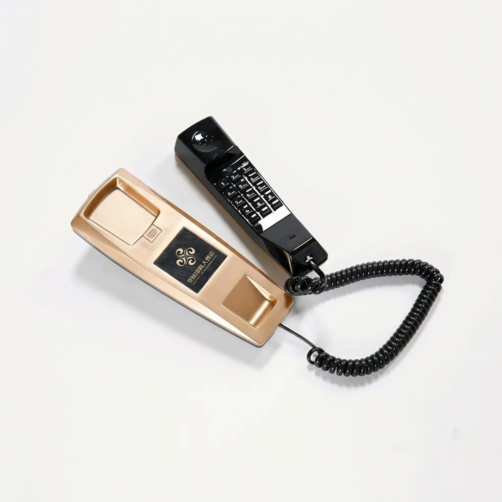 Telephone For Hotel Room - Uv Oil [1050] — TEL-1050 — A hotel room telephone with an ergonomic design and a high-gloss UV-coated gold shell that resists fading. A soft ring tone, ring-indicator light, SOS emergency key, auto-redial and mute make it practical, with protection against EMI, moisture and lightning. Desk or wall mountable, finished in gold. (image 6)