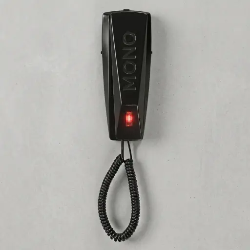 Telephone For Hotel Room - Uv Oil [1051] — TEL-1051 — A hotel room telephone with an ergonomic design and a high-gloss UV-coated shell that resists fading. A soft ring tone, ring-indicator light, SOS emergency key, auto-redial and mute make it practical, with protection against EMI, moisture and lightning. Desk or wall mountable, finished in black.