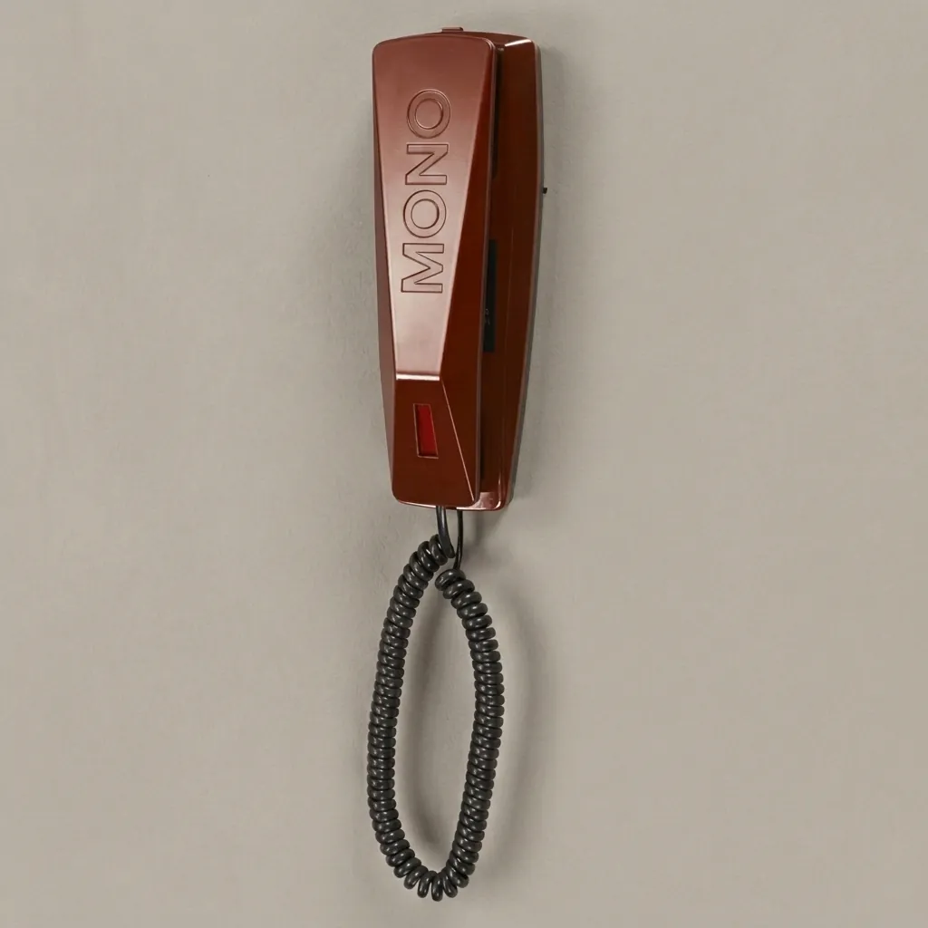 Telephone For Hotel Room - Uv Oil [1052] — TEL-1052 — A hotel room telephone with an ergonomic design and a high-gloss UV-coated shell that resists fading. A soft ring tone, ring-indicator light, SOS emergency key, auto-redial and mute round out the features, with protection against EMI, moisture and lightning. Desk or wall mountable, finished in red. (image 1)