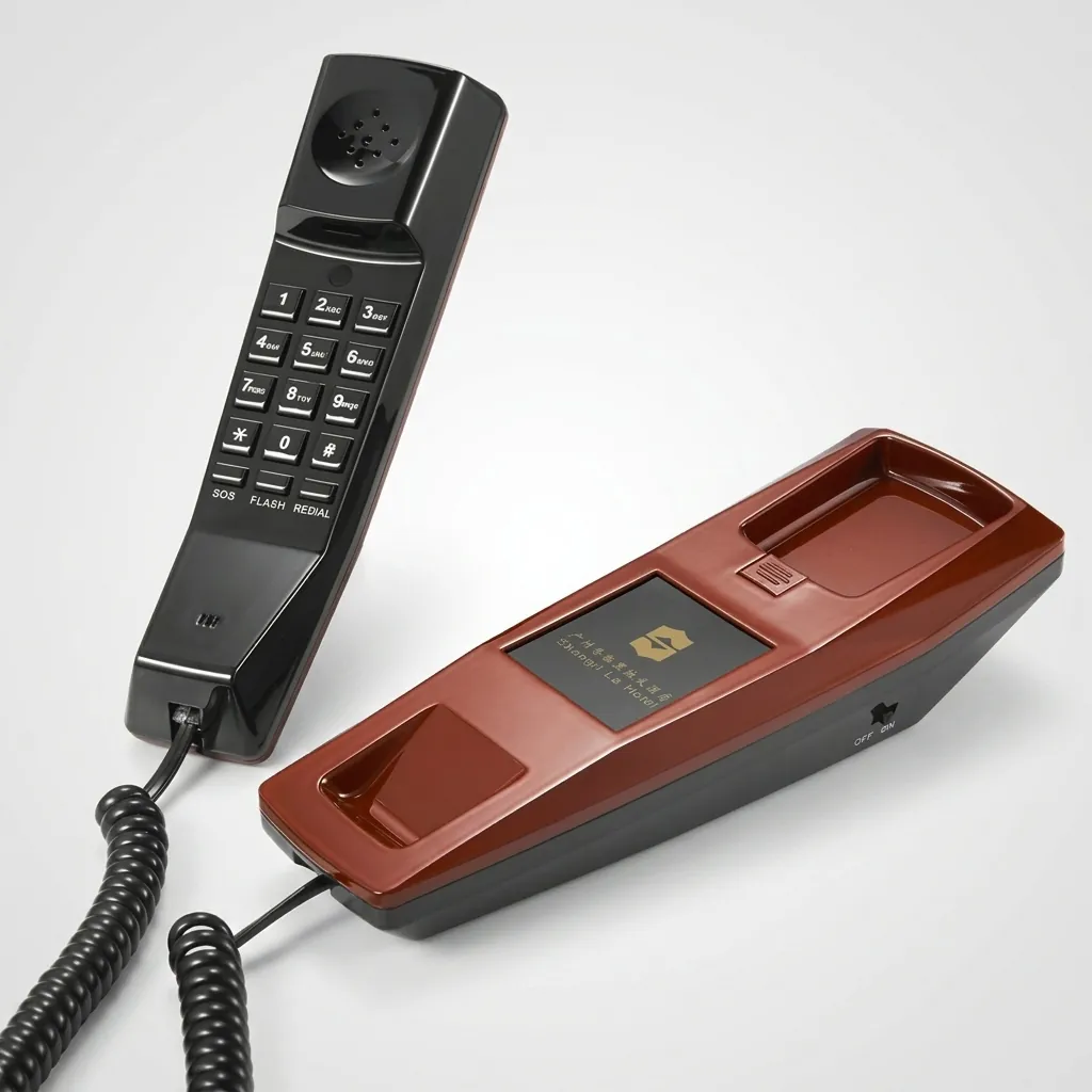 Telephone For Hotel Room - Uv Oil [1052] — TEL-1052 — A hotel room telephone with an ergonomic design and a high-gloss UV-coated shell that resists fading. A soft ring tone, ring-indicator light, SOS emergency key, auto-redial and mute round out the features, with protection against EMI, moisture and lightning. Desk or wall mountable, finished in red. (image 3)