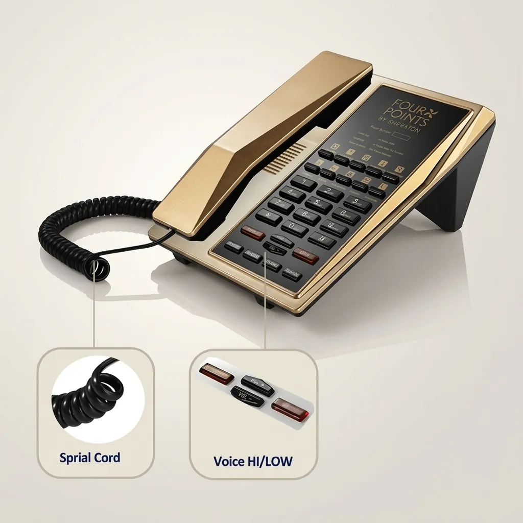 Hotel Desk Telephone with One-Touch Buttons [1054] — TEL-1054 — A hotel desk telephone with a customisable logo panel, one-touch service buttons and stable SMT circuitry for low maintenance. A power-down memory protects stored data during outages, with broad PBX compatibility. Finished in gold. (image 2)