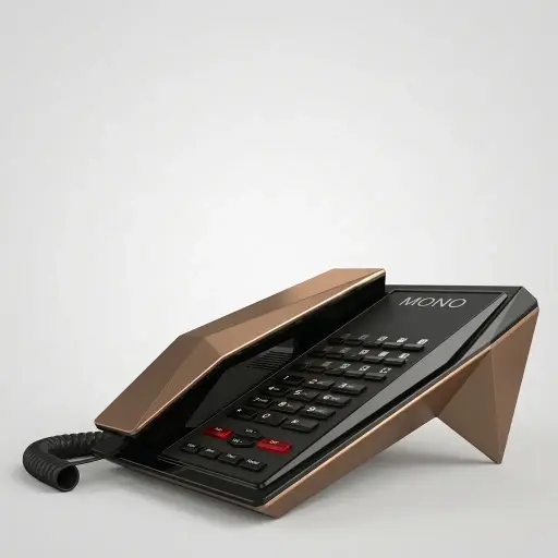 Hotel Desk Telephone with One-Touch Buttons [1054] — TEL-1054 — A hotel desk telephone with a customisable logo panel, one-touch service buttons and stable SMT circuitry for low maintenance. A power-down memory protects stored data during outages, with broad PBX compatibility. Finished in gold.
