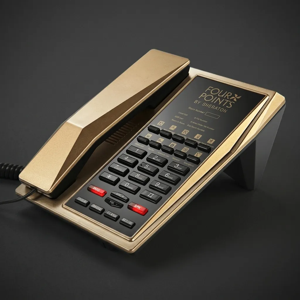Hotel Desk Telephone with One-Touch Buttons [1054] — TEL-1054 — A hotel desk telephone with a customisable logo panel, one-touch service buttons and stable SMT circuitry for low maintenance. A power-down memory protects stored data during outages, with broad PBX compatibility. Finished in gold. (image 3)