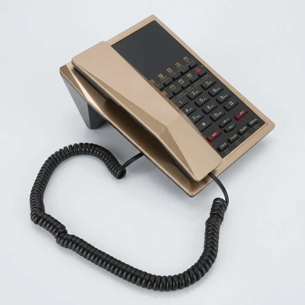 Hotel Desk Telephone with One-Touch Buttons [1054] — TEL-1054 — A hotel desk telephone with a customisable logo panel, one-touch service buttons and stable SMT circuitry for low maintenance. A power-down memory protects stored data during outages, with broad PBX compatibility. Finished in gold. (image 5)