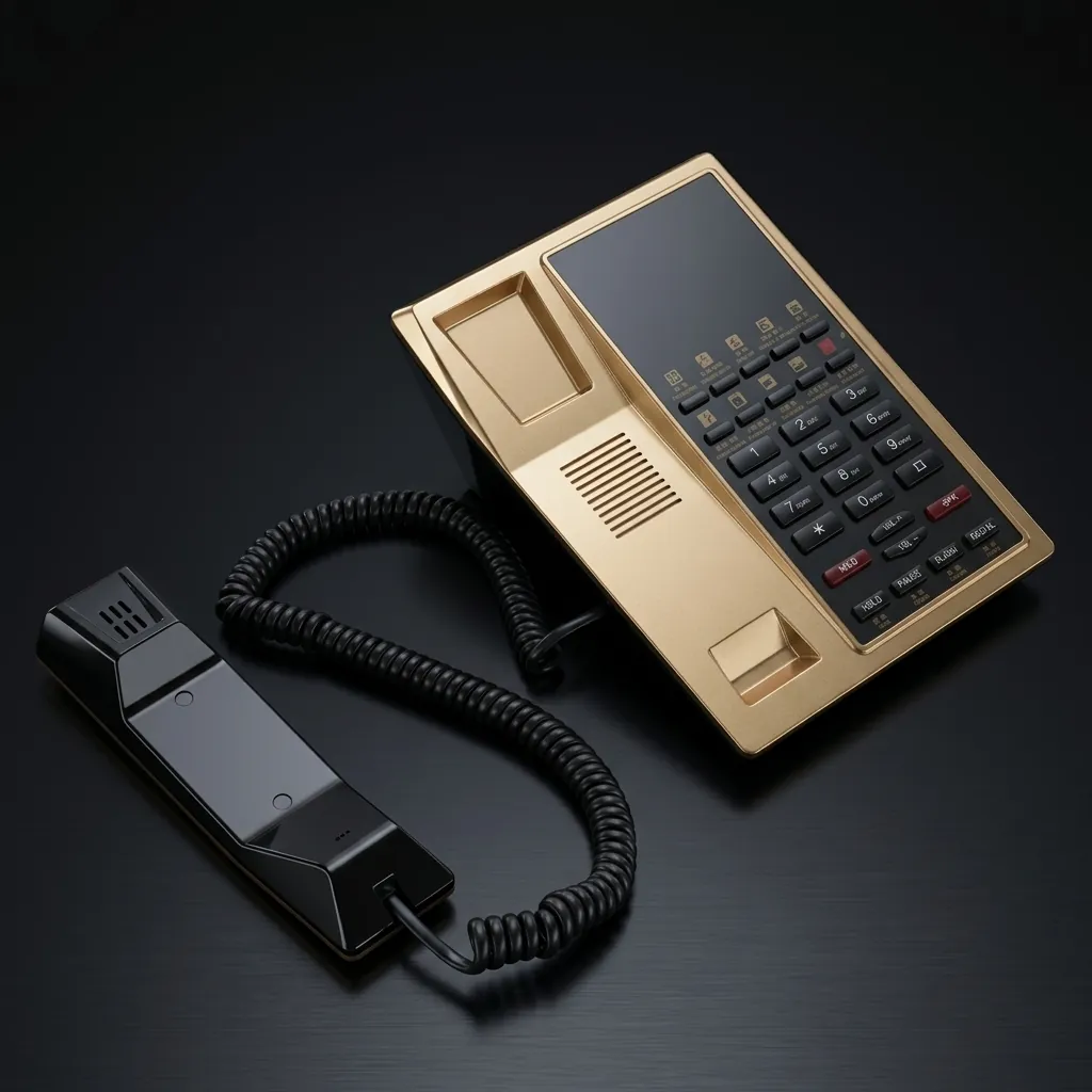 Hotel Desk Telephone with One-Touch Buttons [1054] — TEL-1054 — A hotel desk telephone with a customisable logo panel, one-touch service buttons and stable SMT circuitry for low maintenance. A power-down memory protects stored data during outages, with broad PBX compatibility. Finished in gold. (image 6)