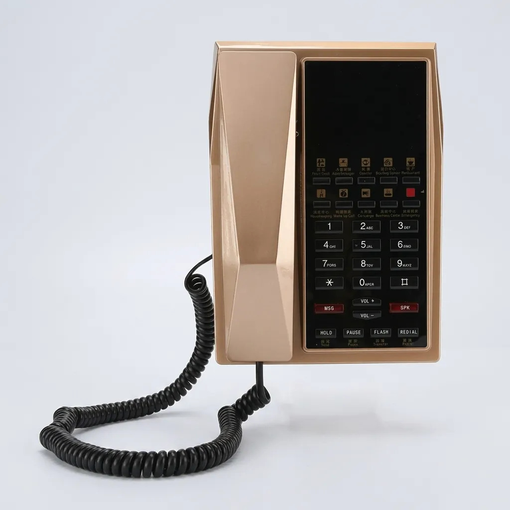 Hotel Desk Telephone with One-Touch Buttons [1054] — TEL-1054 — A hotel desk telephone with a customisable logo panel, one-touch service buttons and stable SMT circuitry for low maintenance. A power-down memory protects stored data during outages, with broad PBX compatibility. Finished in gold. (image 7)