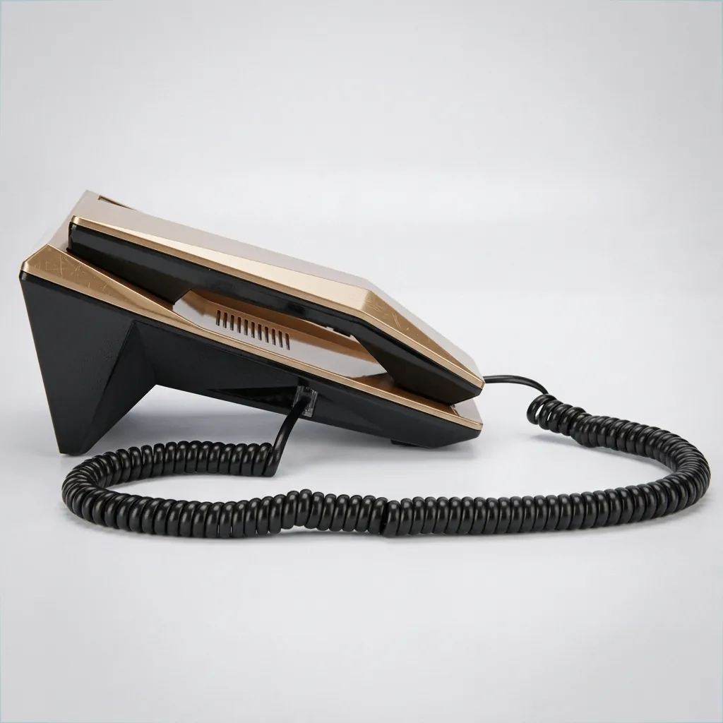Hotel Desk Telephone with One-Touch Buttons [1054] — TEL-1054 — A hotel desk telephone with a customisable logo panel, one-touch service buttons and stable SMT circuitry for low maintenance. A power-down memory protects stored data during outages, with broad PBX compatibility. Finished in gold. (image 8)