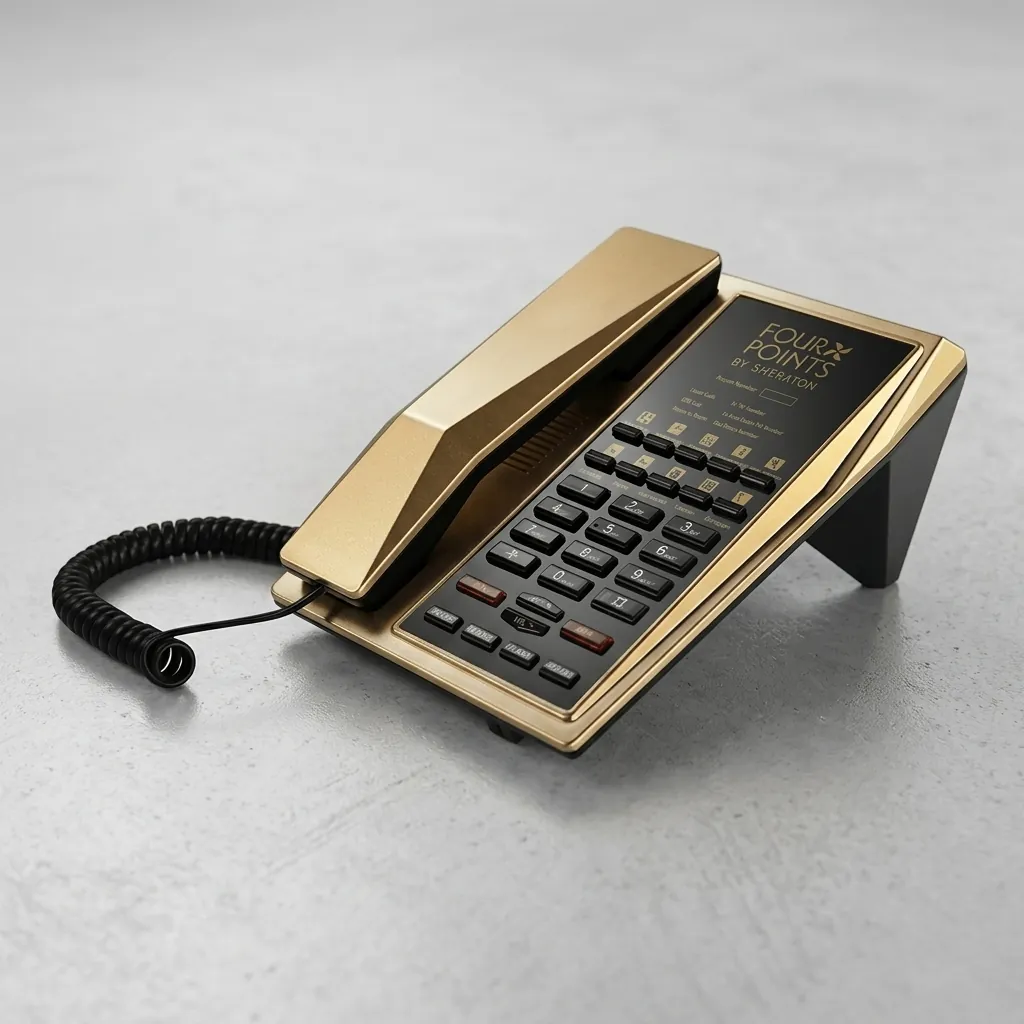 Hotel Desk Telephone with One-Touch Buttons [1054] — TEL-1054 — A hotel desk telephone with a customisable logo panel, one-touch service buttons and stable SMT circuitry for low maintenance. A power-down memory protects stored data during outages, with broad PBX compatibility. Finished in gold. (image 9)