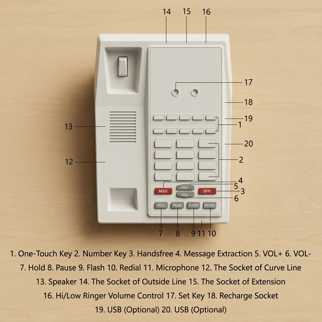 Hotel Desk Telephone with One-Touch Buttons [1054] — TEL-1054 — A hotel desk telephone with a customisable logo panel, one-touch service buttons and stable SMT circuitry for low maintenance. A power-down memory protects stored data during outages, with broad PBX compatibility. Finished in gold. (image 10)