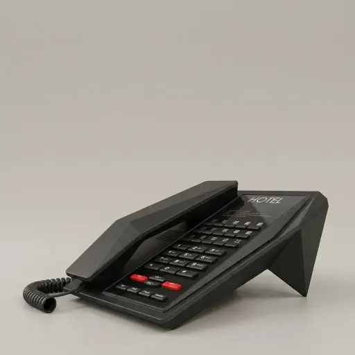 Telephone For Hotel Room with Handsfree [1055] — TEL-1055 — A hotel room telephone with hands-free calling, a customisable logo panel and one-touch service buttons on stable SMT circuitry. A power-down memory keeps stored data safe during outages, with broad PBX compatibility. Finished in silver.