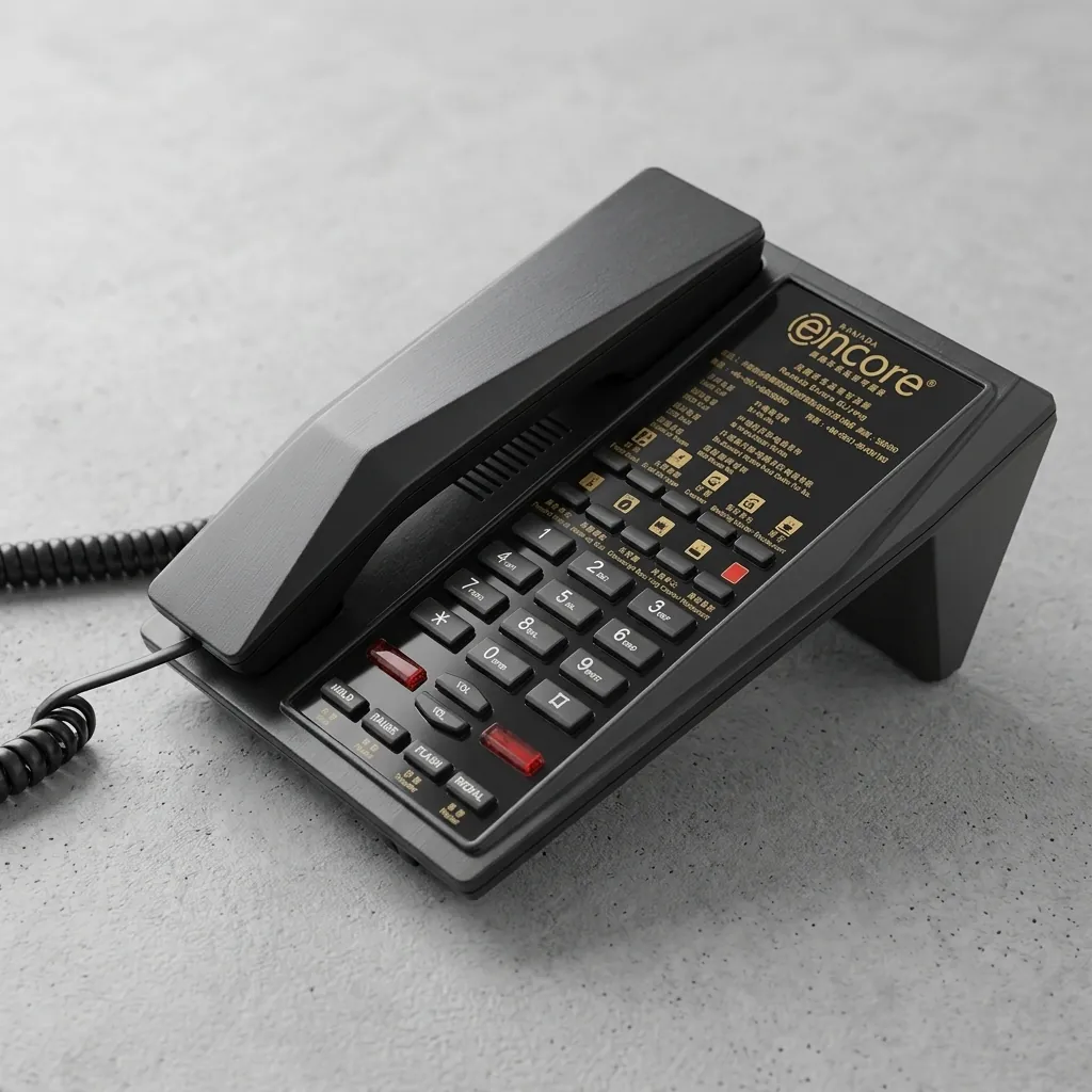 Telephone For Hotel Room with Handsfree [1055] — TEL-1055 — A hotel room telephone with hands-free calling, a customisable logo panel and one-touch service buttons on stable SMT circuitry. A power-down memory keeps stored data safe during outages, with broad PBX compatibility. Finished in silver. (image 3)