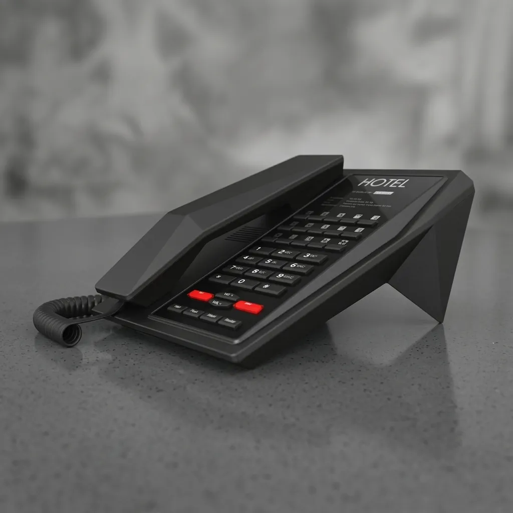 Telephone For Hotel Room with Handsfree [1055] — TEL-1055 — A hotel room telephone with hands-free calling, a customisable logo panel and one-touch service buttons on stable SMT circuitry. A power-down memory keeps stored data safe during outages, with broad PBX compatibility. Finished in silver. (image 4)