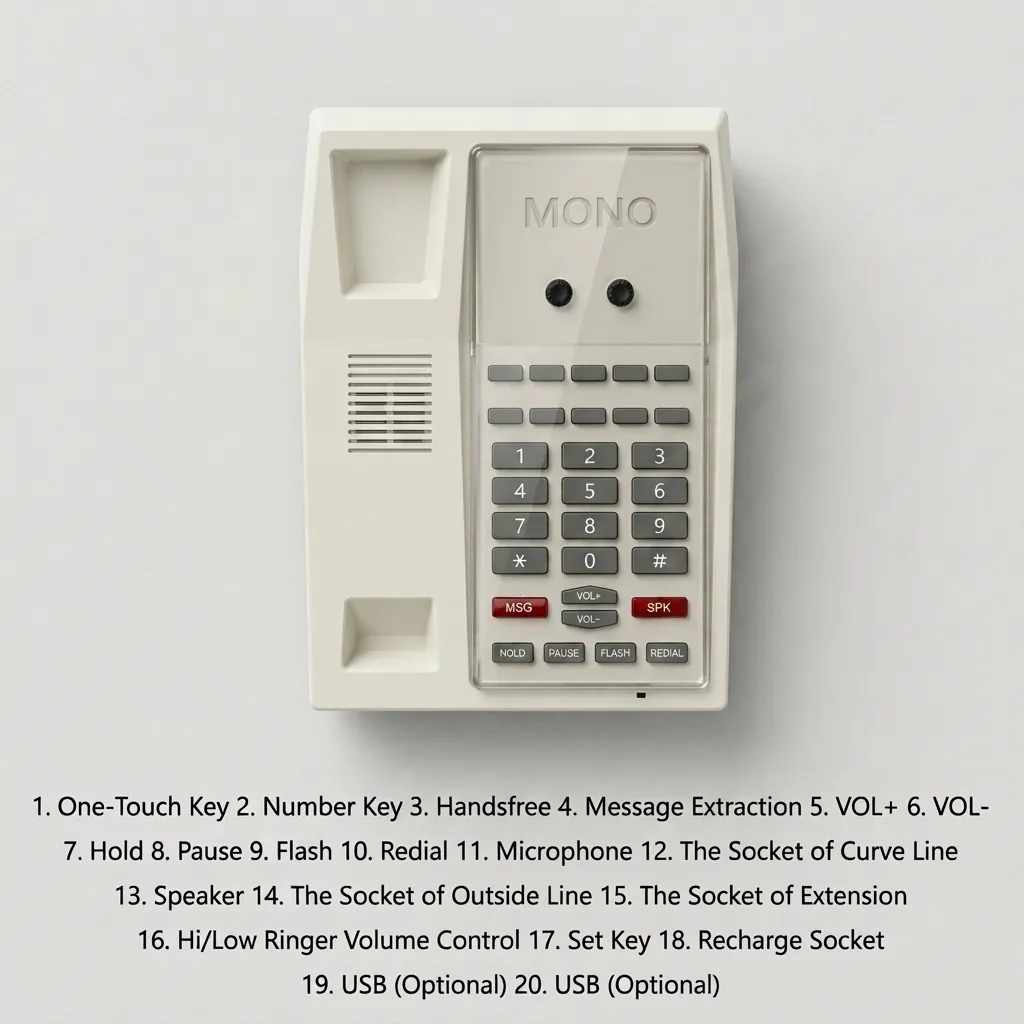 Telephone For Hotel Room with Handsfree [1055] — TEL-1055 — A hotel room telephone with hands-free calling, a customisable logo panel and one-touch service buttons on stable SMT circuitry. A power-down memory keeps stored data safe during outages, with broad PBX compatibility. Finished in silver. (image 2)