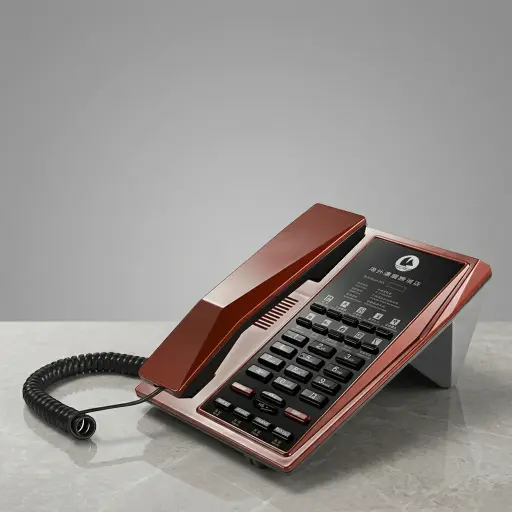 Telephone For Hotel Room with Handsfree [1056] — TEL-1056 — A hotel room telephone with hands-free calling, a customisable logo panel and one-touch service buttons on stable SMT circuitry. A power-down memory protects stored data during outages, with broad PBX compatibility. Finished in red.