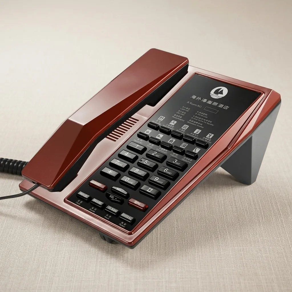Telephone For Hotel Room with Handsfree [1056] — TEL-1056 — A hotel room telephone with hands-free calling, a customisable logo panel and one-touch service buttons on stable SMT circuitry. A power-down memory protects stored data during outages, with broad PBX compatibility. Finished in red. (image 3)
