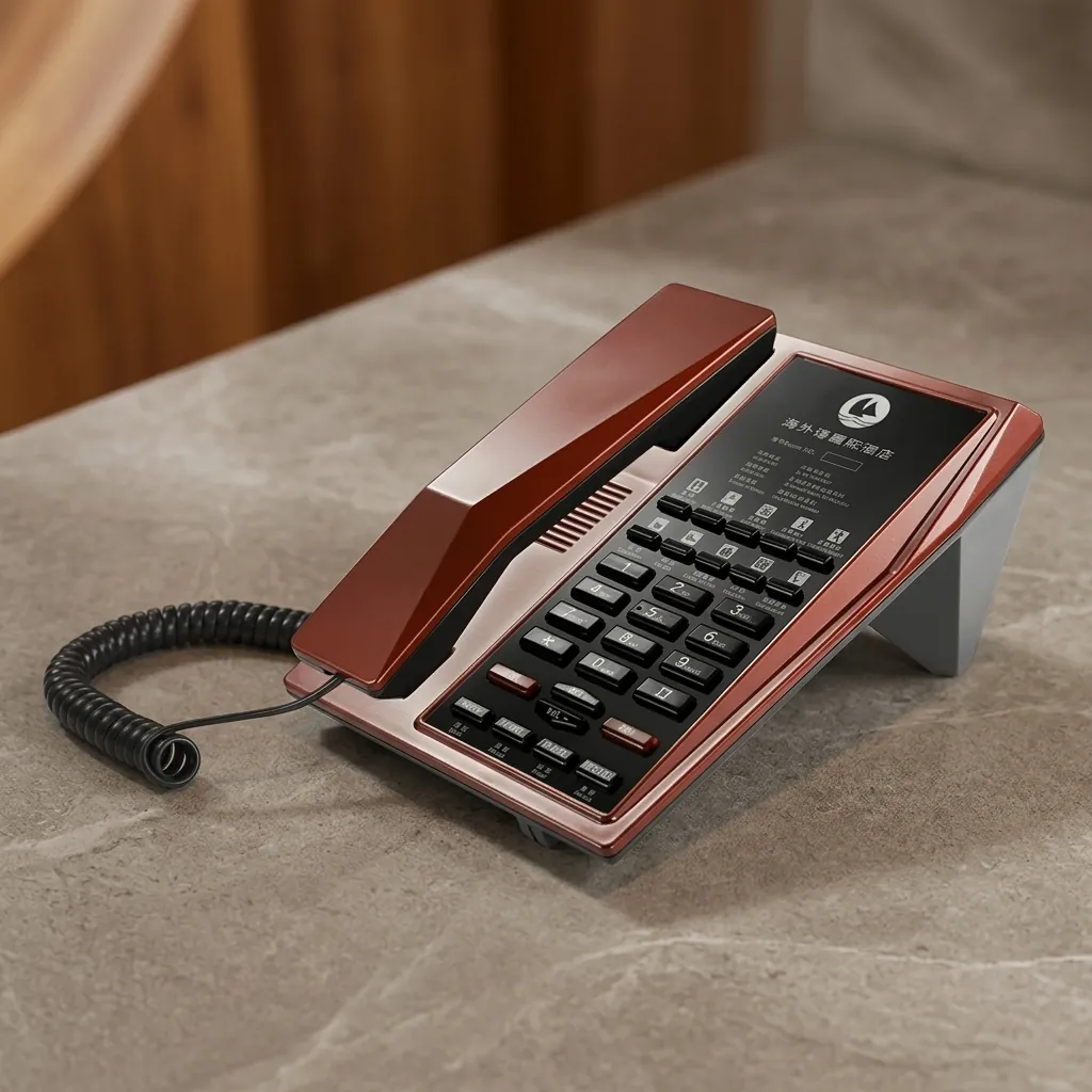 Telephone For Hotel Room with Handsfree [1056] — TEL-1056 — A hotel room telephone with hands-free calling, a customisable logo panel and one-touch service buttons on stable SMT circuitry. A power-down memory protects stored data during outages, with broad PBX compatibility. Finished in red. (image 4)