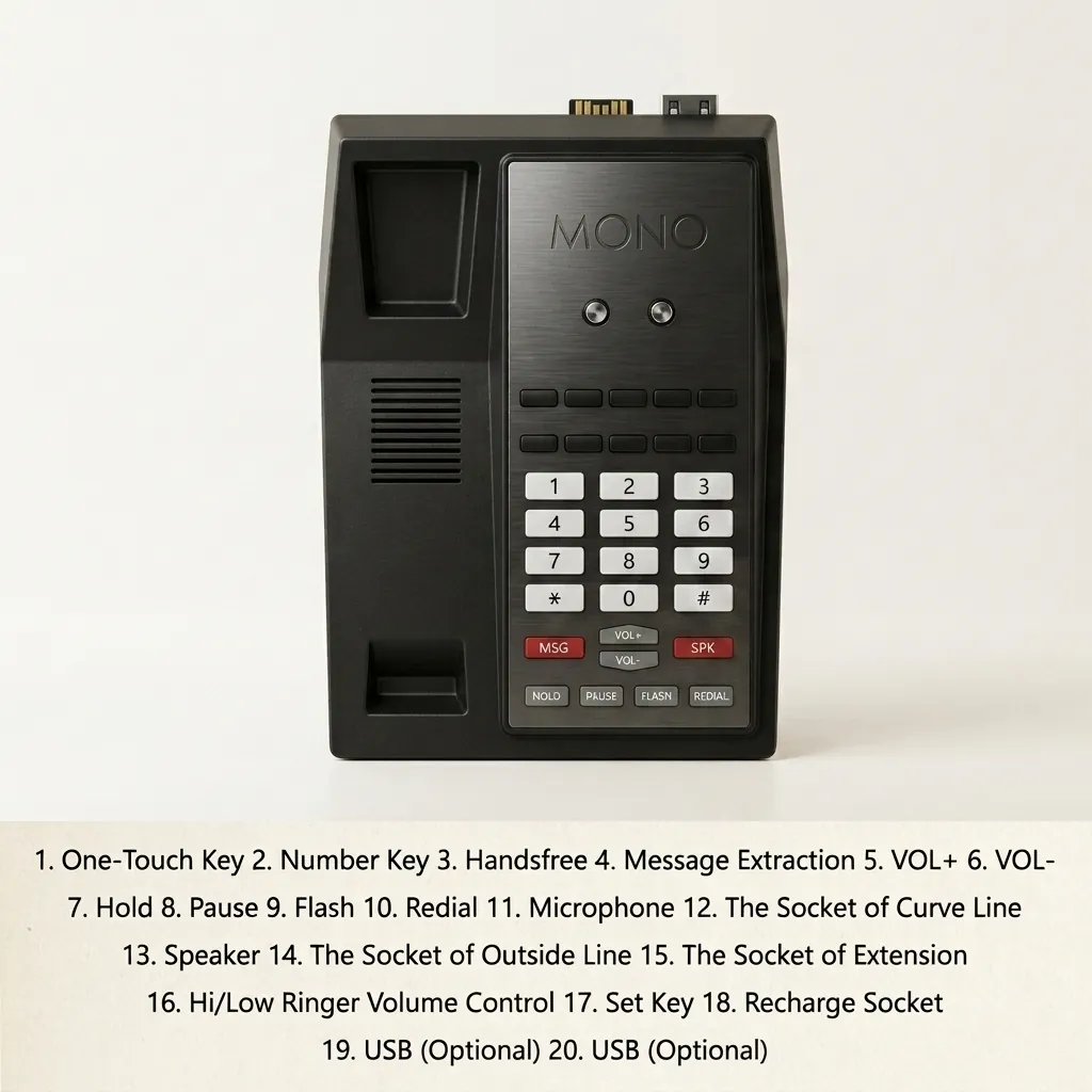 Telephone For Hotel Room with Handsfree [1056] — TEL-1056 — A hotel room telephone with hands-free calling, a customisable logo panel and one-touch service buttons on stable SMT circuitry. A power-down memory protects stored data during outages, with broad PBX compatibility. Finished in red. (image 2)