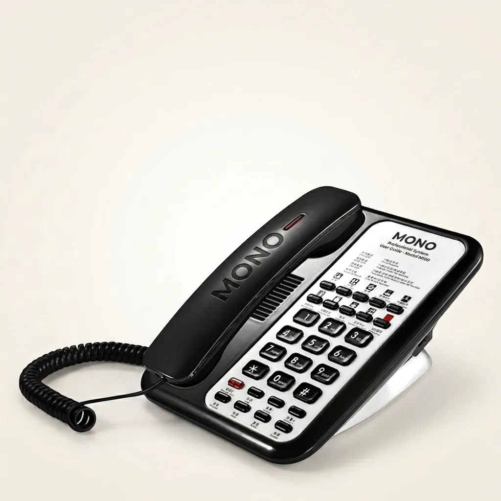 Telephone For Hotel Room - Uv Paint with Handsfree [1057] — TEL-1057 — A hotel room telephone with hands-free calling and a high-gloss UV-coated shell that never fades. One-touch service buttons, 14-digit memory and adjustable speaker volume ease daily use, with broad PBX compatibility on stable SMT circuitry. Finished in black. (image 1)