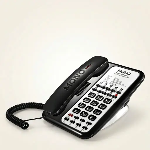 Telephone For Hotel Room - Uv Paint with Handsfree [1057] — TEL-1057 — A hotel room telephone with hands-free calling and a high-gloss UV-coated shell that never fades. One-touch service buttons, 14-digit memory and adjustable speaker volume ease daily use, with broad PBX compatibility on stable SMT circuitry. Finished in black.