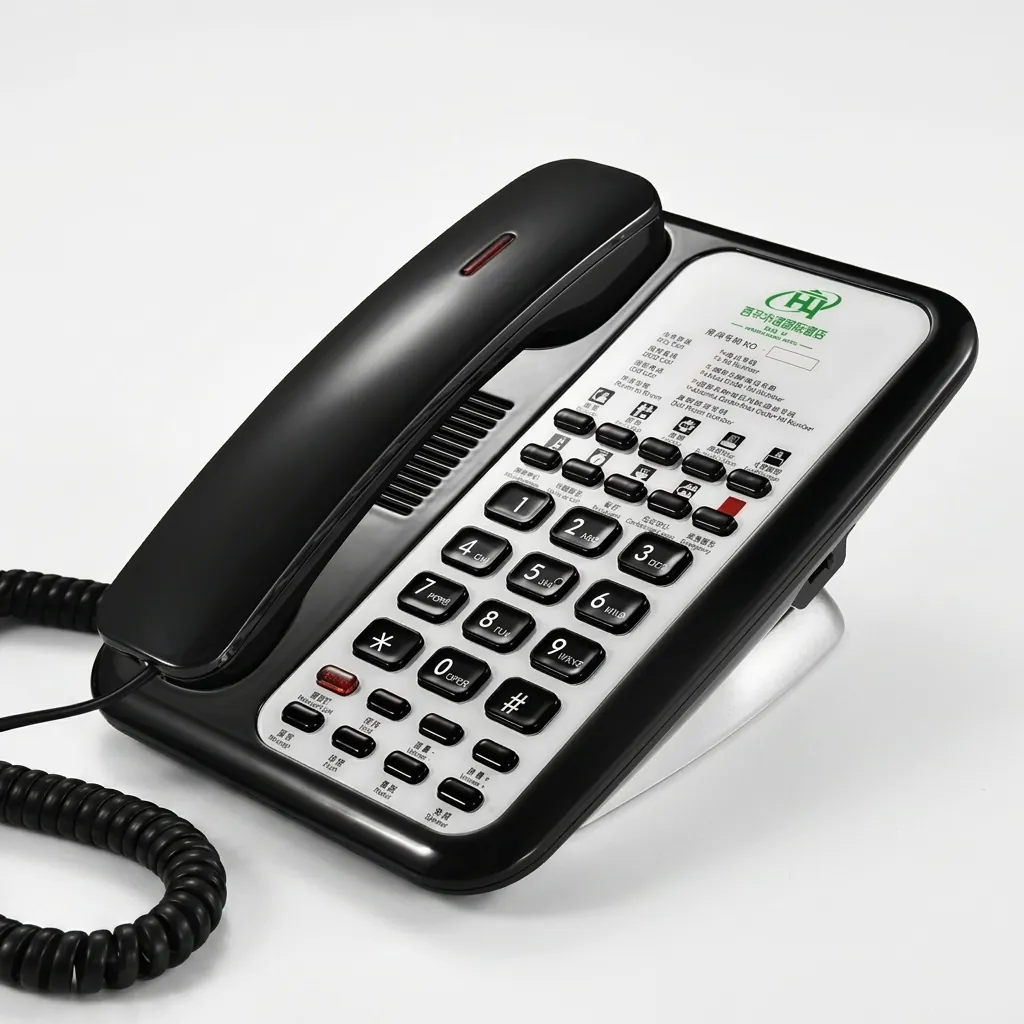 Telephone For Hotel Room - Uv Paint with Handsfree [1057] — TEL-1057 — A hotel room telephone with hands-free calling and a high-gloss UV-coated shell that never fades. One-touch service buttons, 14-digit memory and adjustable speaker volume ease daily use, with broad PBX compatibility on stable SMT circuitry. Finished in black. (image 2)