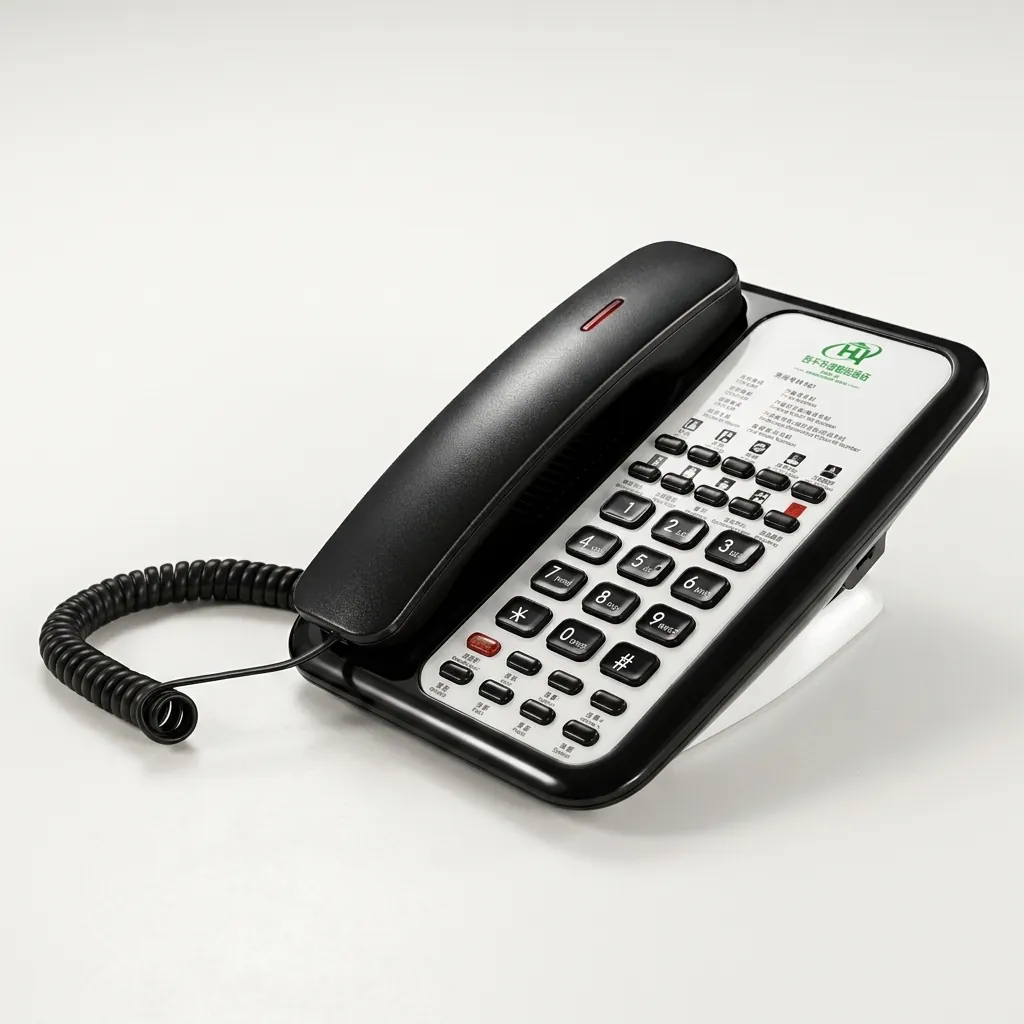 Telephone For Hotel Room - Uv Paint with Handsfree [1057] — TEL-1057 — A hotel room telephone with hands-free calling and a high-gloss UV-coated shell that never fades. One-touch service buttons, 14-digit memory and adjustable speaker volume ease daily use, with broad PBX compatibility on stable SMT circuitry. Finished in black. (image 3)