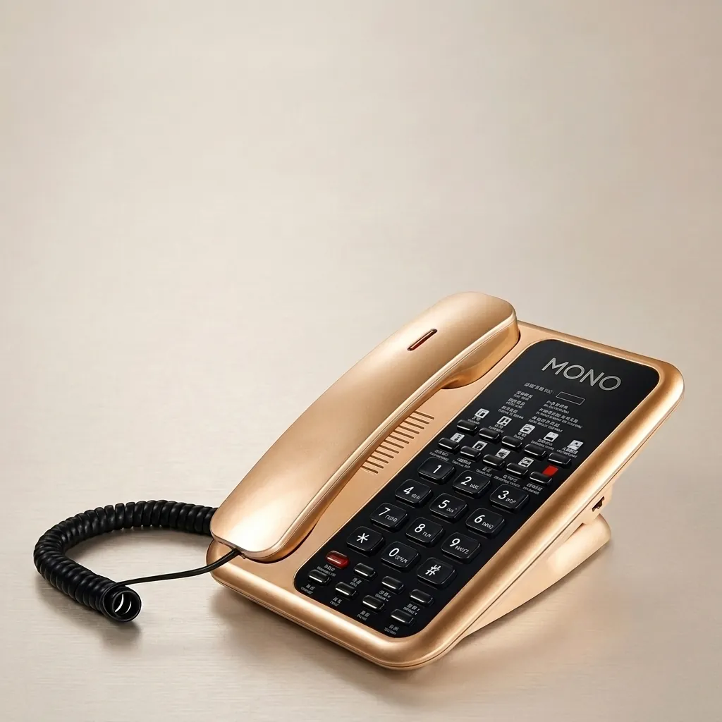 Telephone For Hotel Room - Uv Paint with Handsfree [1058] — TEL-1058 — A hotel room telephone with hands-free calling and a high-gloss UV-coated shell that resists fading. One-touch service buttons, 14-digit memory and adjustable speaker volume make it practical, with broad PBX compatibility. Finished in gold. (image 1)