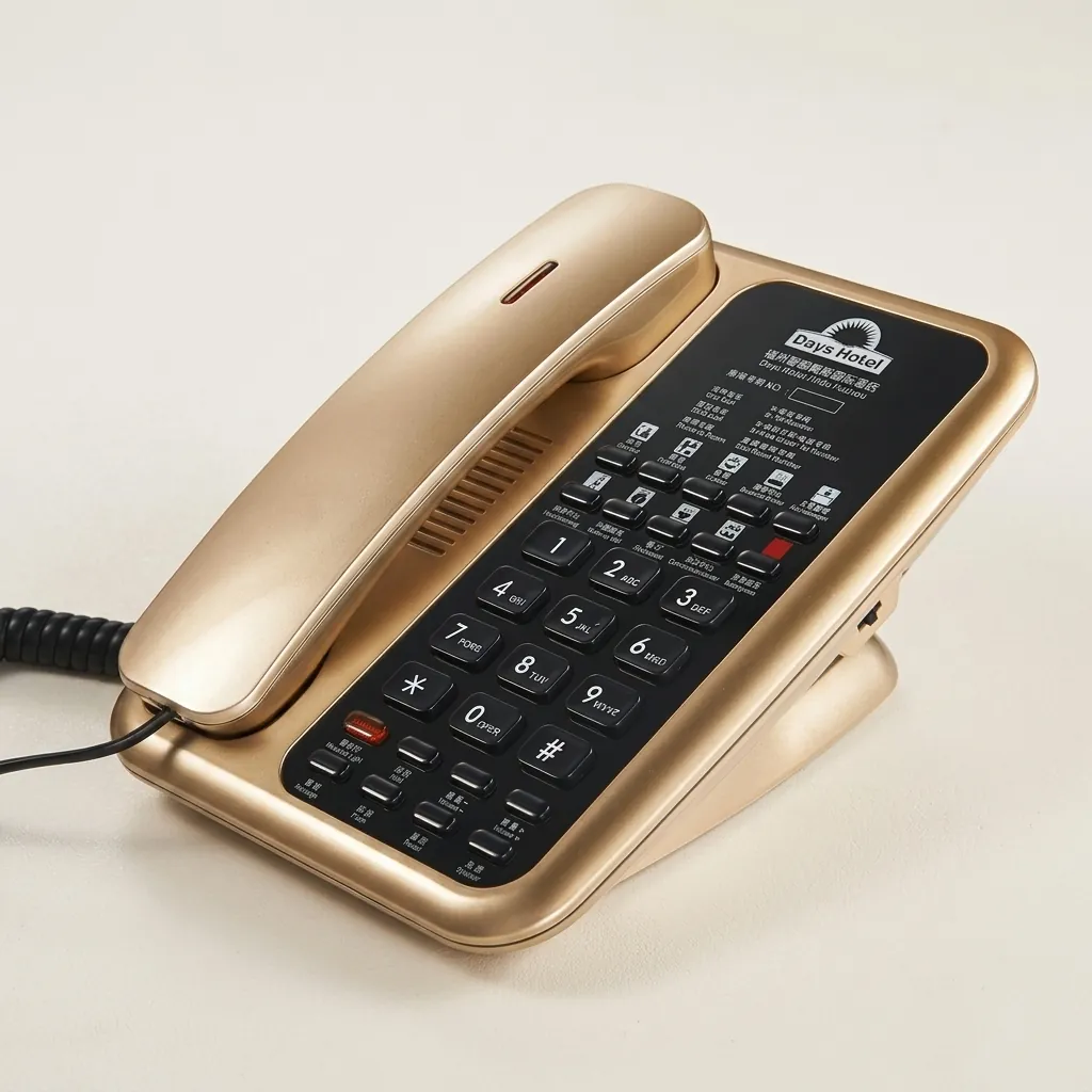 Telephone For Hotel Room - Uv Paint with Handsfree [1058] — TEL-1058 — A hotel room telephone with hands-free calling and a high-gloss UV-coated shell that resists fading. One-touch service buttons, 14-digit memory and adjustable speaker volume make it practical, with broad PBX compatibility. Finished in gold. (image 2)