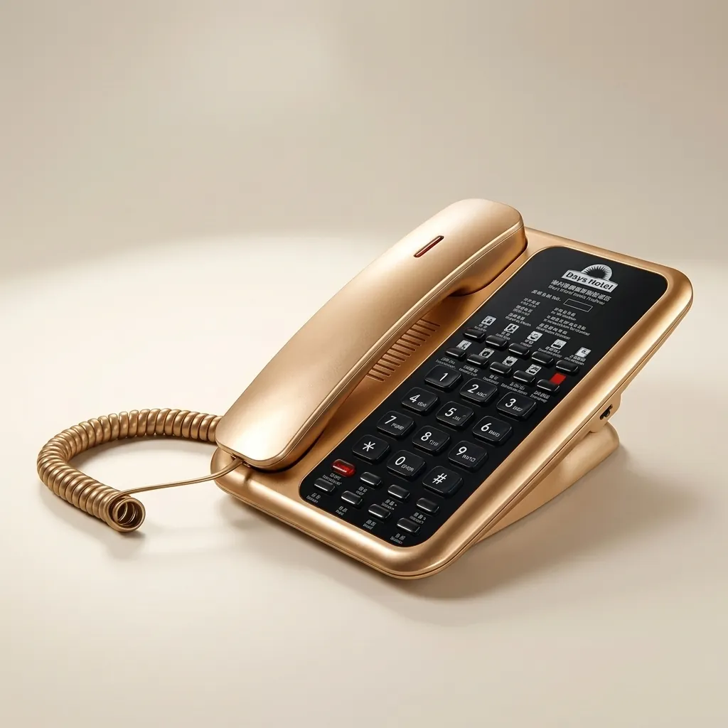 Telephone For Hotel Room - Uv Paint with Handsfree [1058] — TEL-1058 — A hotel room telephone with hands-free calling and a high-gloss UV-coated shell that resists fading. One-touch service buttons, 14-digit memory and adjustable speaker volume make it practical, with broad PBX compatibility. Finished in gold. (image 3)