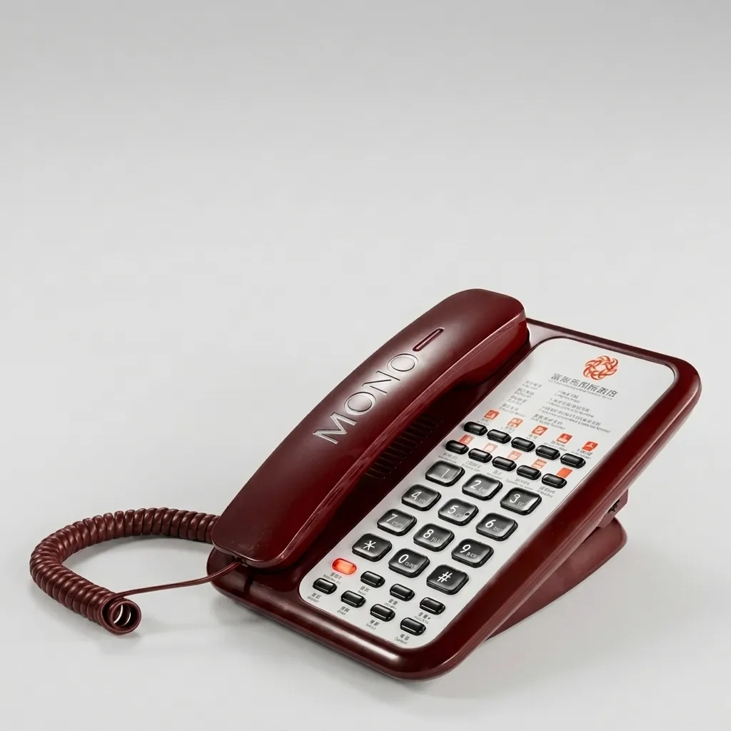 Telephone For Hotel Room - Uv Paint with Handsfree [1059] — TEL-1059 — A hotel room telephone with hands-free calling and a high-gloss UV-coated shell that never fades. One-touch service buttons, 14-digit memory and adjustable speaker volume ease everyday use, with broad PBX compatibility. Finished in red. (image 1)