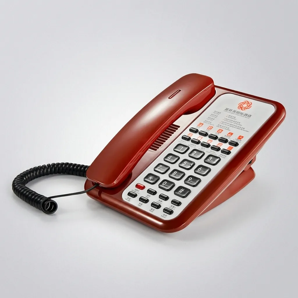Telephone For Hotel Room - Uv Paint with Handsfree [1059] — TEL-1059 — A hotel room telephone with hands-free calling and a high-gloss UV-coated shell that never fades. One-touch service buttons, 14-digit memory and adjustable speaker volume ease everyday use, with broad PBX compatibility. Finished in red. (image 2)
