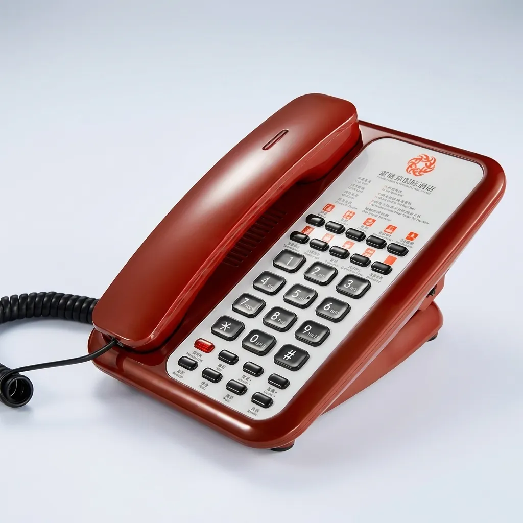 Telephone For Hotel Room - Uv Paint with Handsfree [1059] — TEL-1059 — A hotel room telephone with hands-free calling and a high-gloss UV-coated shell that never fades. One-touch service buttons, 14-digit memory and adjustable speaker volume ease everyday use, with broad PBX compatibility. Finished in red. (image 3)