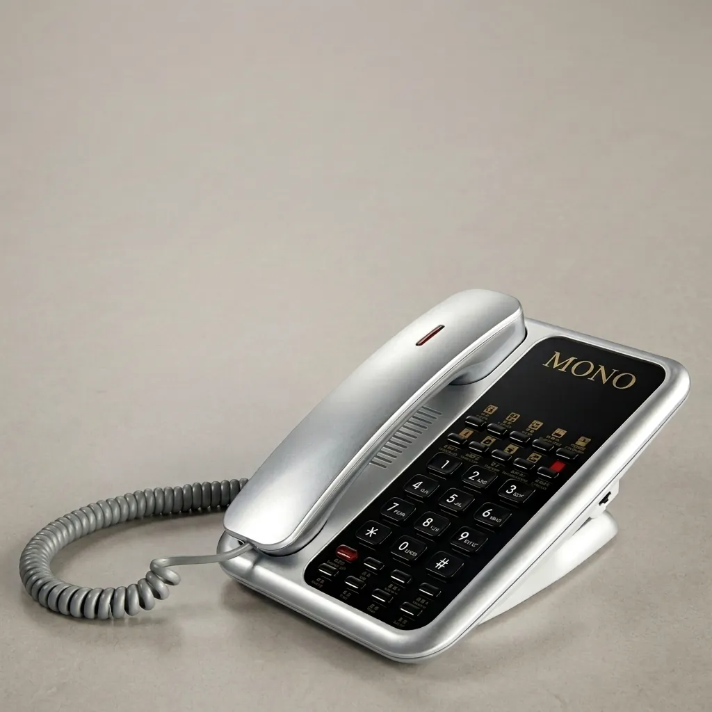 Telephone For Hotel Room - Uv Paint with Handsfree [1060] — TEL-1060 — A hotel room telephone with hands-free calling and a high-gloss UV-coated shell that resists fading. One-touch service buttons, 14-digit memory and adjustable speaker volume make it dependable, with broad PBX compatibility. Finished in silver. (image 1)