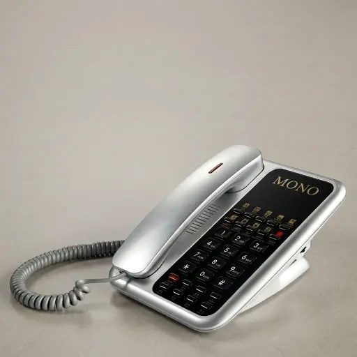 Telephone For Hotel Room - Uv Paint with Handsfree [1060] — TEL-1060 — A hotel room telephone with hands-free calling and a high-gloss UV-coated shell that resists fading. One-touch service buttons, 14-digit memory and adjustable speaker volume make it dependable, with broad PBX compatibility. Finished in silver.