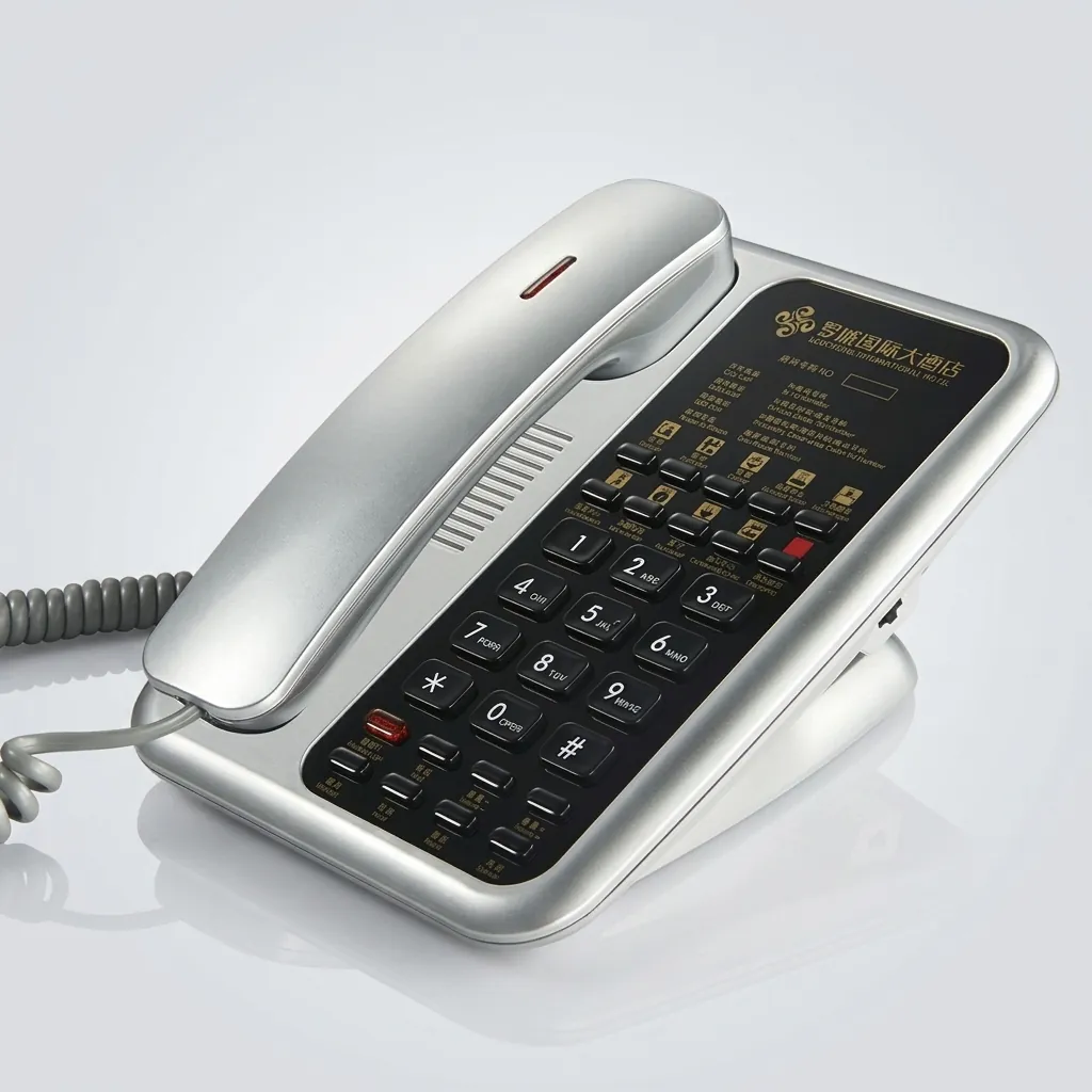 Telephone For Hotel Room - Uv Paint with Handsfree [1060] — TEL-1060 — A hotel room telephone with hands-free calling and a high-gloss UV-coated shell that resists fading. One-touch service buttons, 14-digit memory and adjustable speaker volume make it dependable, with broad PBX compatibility. Finished in silver. (image 2)