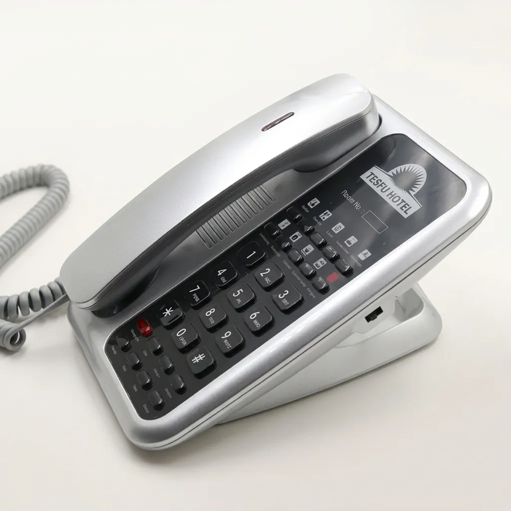 Telephone For Hotel Room - Uv Paint with Handsfree [1060] — TEL-1060 — A hotel room telephone with hands-free calling and a high-gloss UV-coated shell that resists fading. One-touch service buttons, 14-digit memory and adjustable speaker volume make it dependable, with broad PBX compatibility. Finished in silver. (image 5)