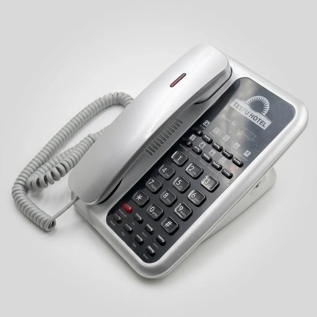 Telephone For Hotel Room - Uv Paint with Handsfree [1060] — TEL-1060 — A hotel room telephone with hands-free calling and a high-gloss UV-coated shell that resists fading. One-touch service buttons, 14-digit memory and adjustable speaker volume make it dependable, with broad PBX compatibility. Finished in silver. (image 6)