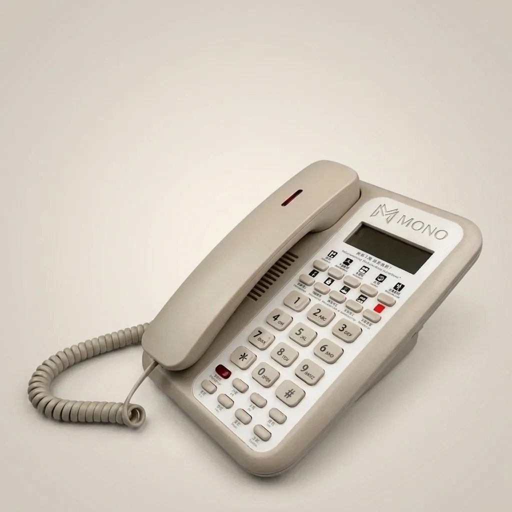 Telephone With Display For Hotel Room - Uv Oil Matt with Handsfree [1061] — TEL-1061 — A hotel room telephone with a caller display, hands-free calling and a matt UV-coated finish. One-touch service buttons, 14-digit memory and adjustable speaker and ring volumes ease daily use, with broad PBX compatibility on stable SMT circuitry. Finished in beige. (image 1)