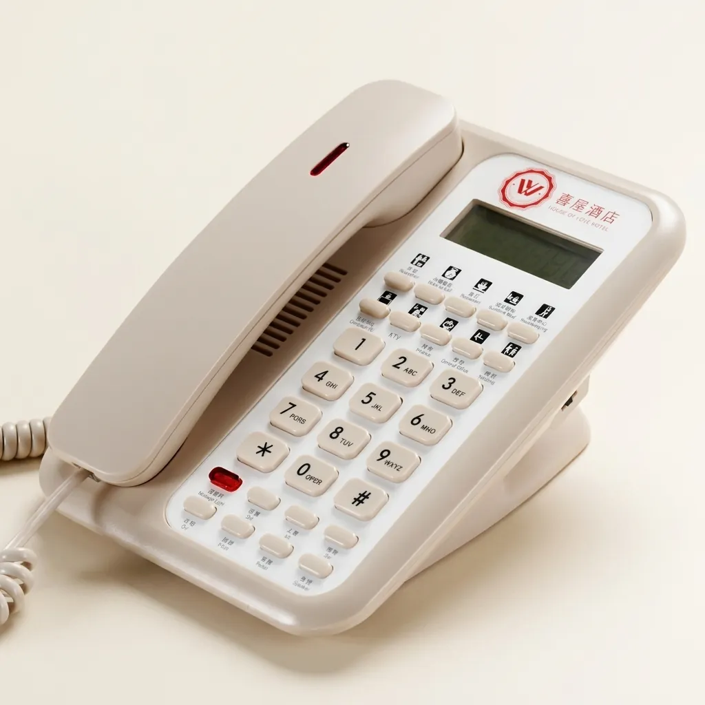 Telephone With Display For Hotel Room - Uv Oil Matt with Handsfree [1061] — TEL-1061 — A hotel room telephone with a caller display, hands-free calling and a matt UV-coated finish. One-touch service buttons, 14-digit memory and adjustable speaker and ring volumes ease daily use, with broad PBX compatibility on stable SMT circuitry. Finished in beige. (image 2)