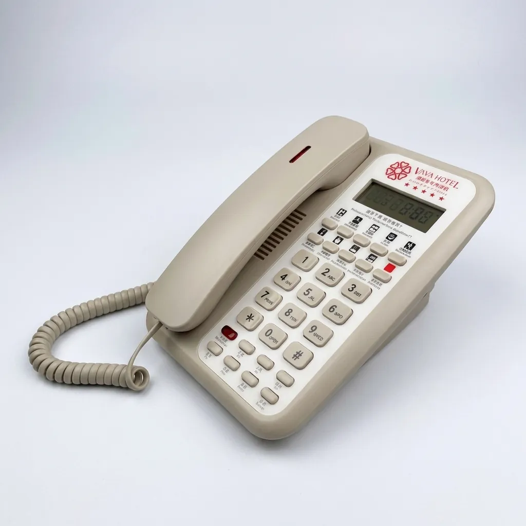 Telephone With Display For Hotel Room - Uv Oil Matt with Handsfree [1061] — TEL-1061 — A hotel room telephone with a caller display, hands-free calling and a matt UV-coated finish. One-touch service buttons, 14-digit memory and adjustable speaker and ring volumes ease daily use, with broad PBX compatibility on stable SMT circuitry. Finished in beige. (image 3)