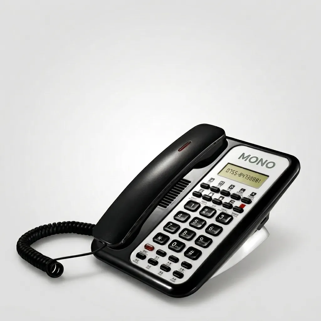 Telephone With Display For Hotel Room - Uv Oil Matt with Handsfree [1062] — TEL-1062 — A hotel room telephone with a caller display, hands-free calling and a matt UV-coated finish. One-touch service buttons, 14-digit memory and adjustable speaker and ring volumes make it practical, with broad PBX compatibility. Finished in black. (image 1)