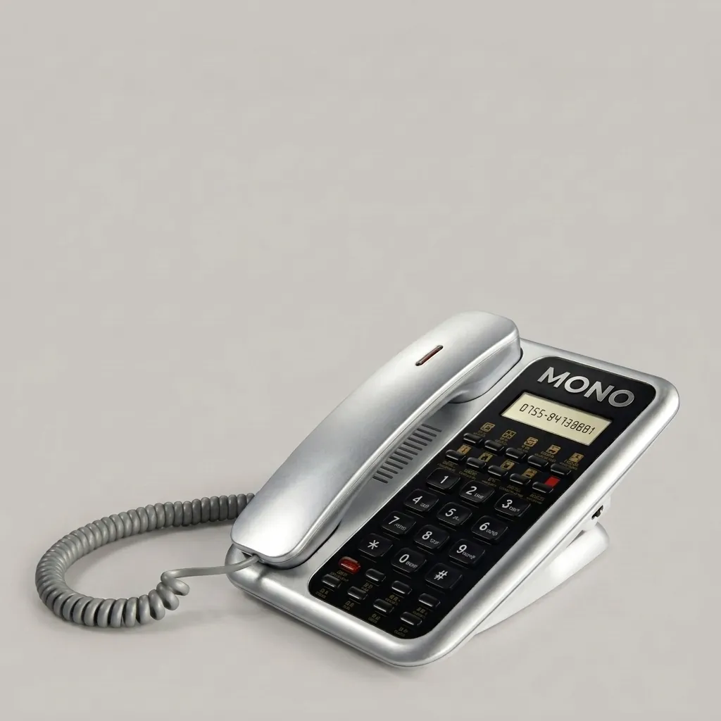 Telephone With Display For Hotel Room - Uv Oil with Handsfree [1063] — TEL-1063 — A hotel room telephone with a caller display, hands-free calling and a high-gloss UV-coated finish. One-touch service buttons, 14-digit memory and adjustable speaker and ring volumes ease daily use, with broad PBX compatibility. Finished in silver. (image 1)