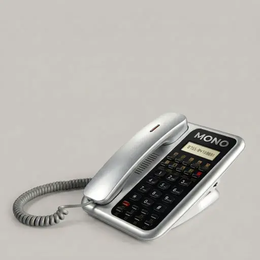 Telephone With Display For Hotel Room - Uv Oil with Handsfree [1063] — TEL-1063 — A hotel room telephone with a caller display, hands-free calling and a high-gloss UV-coated finish. One-touch service buttons, 14-digit memory and adjustable speaker and ring volumes ease daily use, with broad PBX compatibility. Finished in silver.