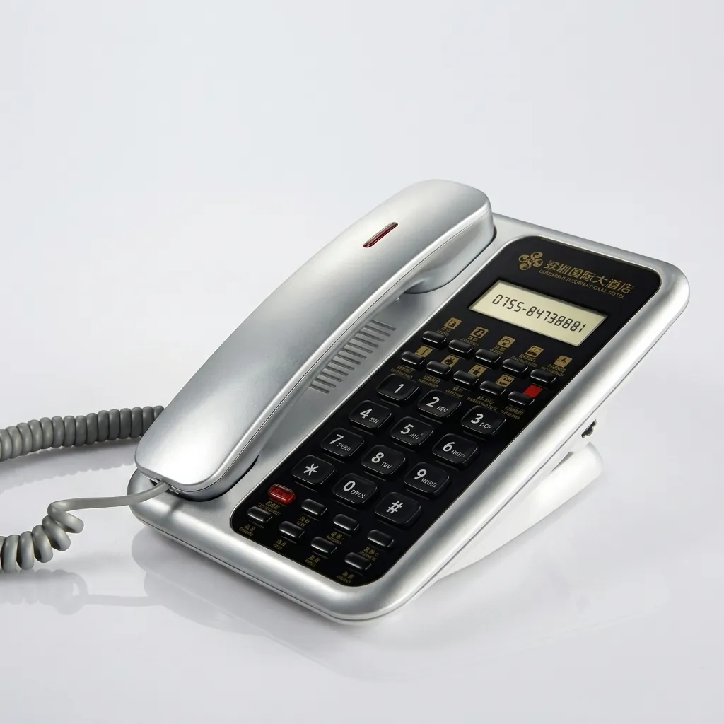 Telephone With Display For Hotel Room - Uv Oil with Handsfree [1063] — TEL-1063 — A hotel room telephone with a caller display, hands-free calling and a high-gloss UV-coated finish. One-touch service buttons, 14-digit memory and adjustable speaker and ring volumes ease daily use, with broad PBX compatibility. Finished in silver. (image 2)